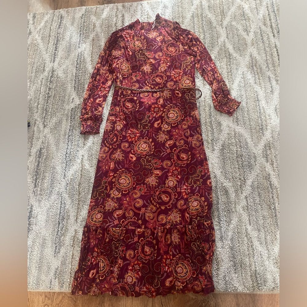smock neck Paisley Maxi Long Sleeve Dress L